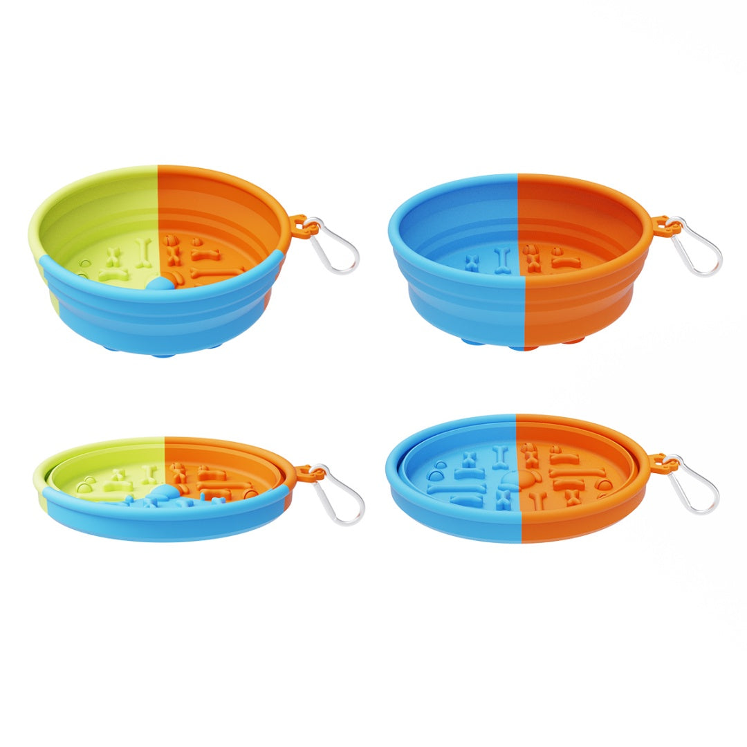 Brighty Fold&Go – Four views of collapsible silicone dog bowls in tricolor and orange & blue, shown open and folded flat