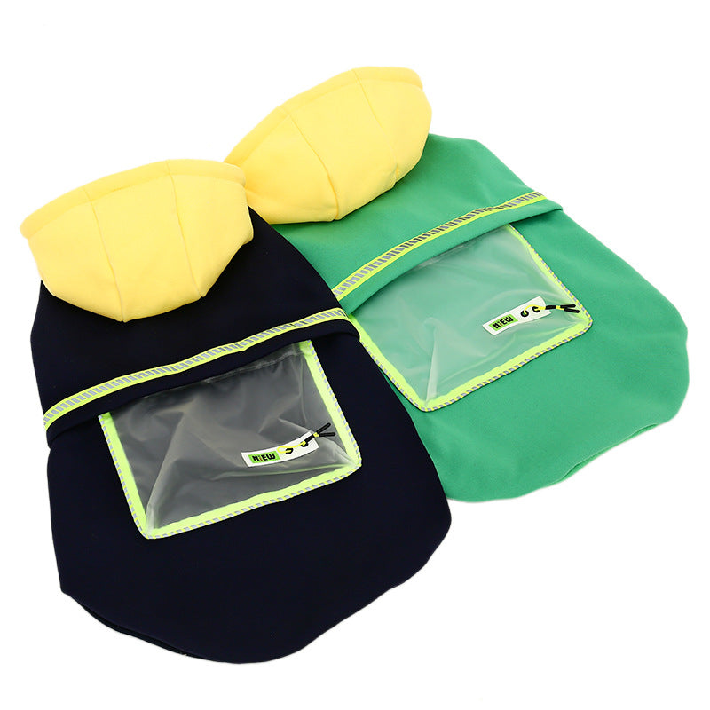 Flat lay of the BigCozy hoodie in green and black, both with yellow hoods and transparent back pockets.