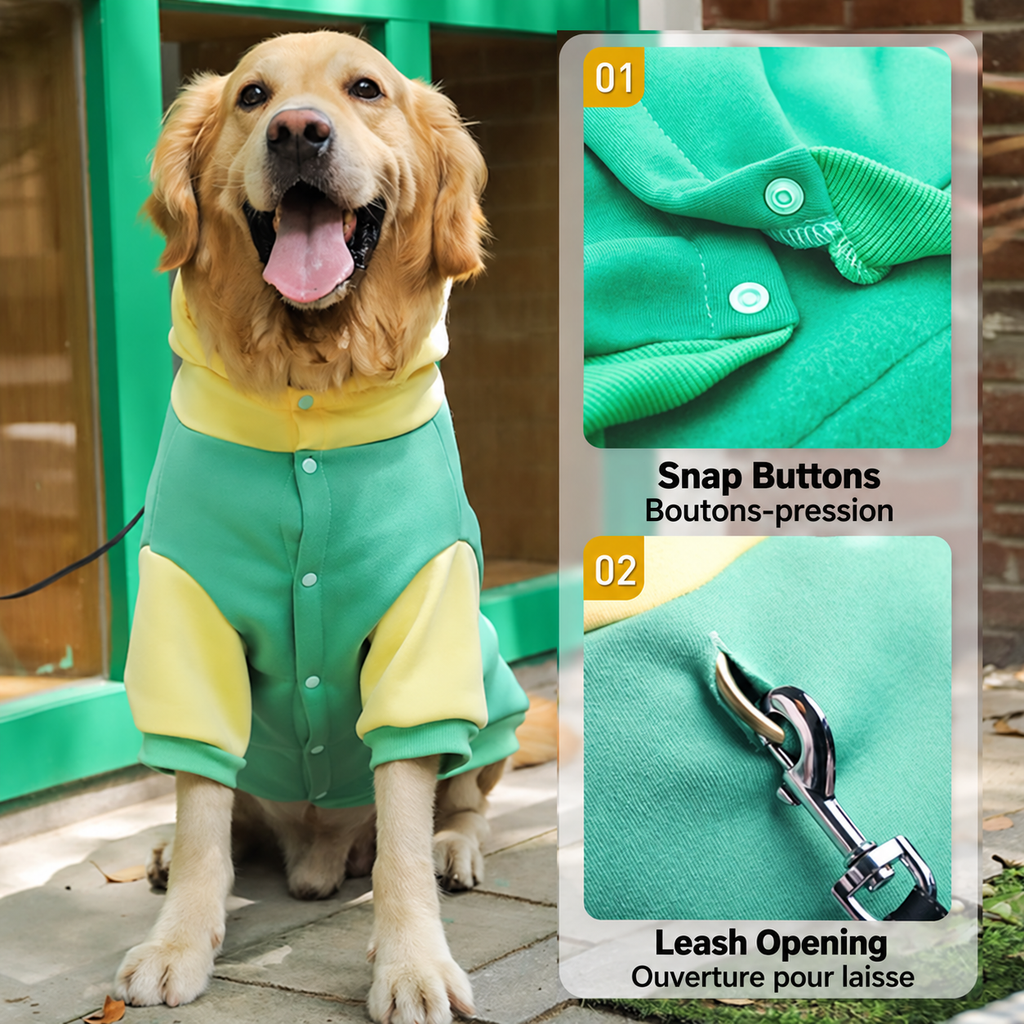 A large dog wears the green and yellow BigCozy hoodie. Detail views show its snap-button closure and leash opening.