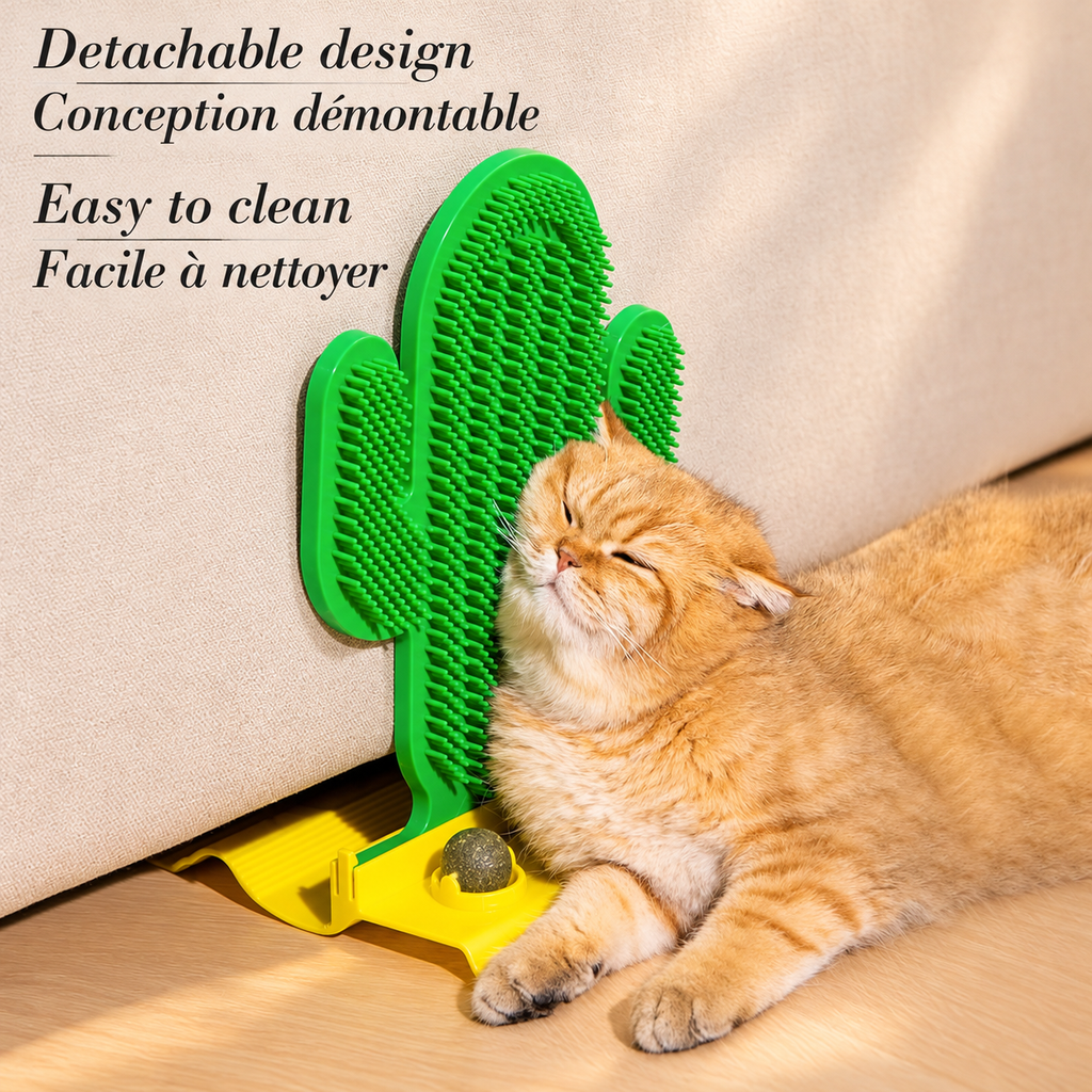 Orange cat rubbing its cheek against the green Brighty CactusCare beside a sofa, highlighting the removable brush and yellow base with catnip balls.