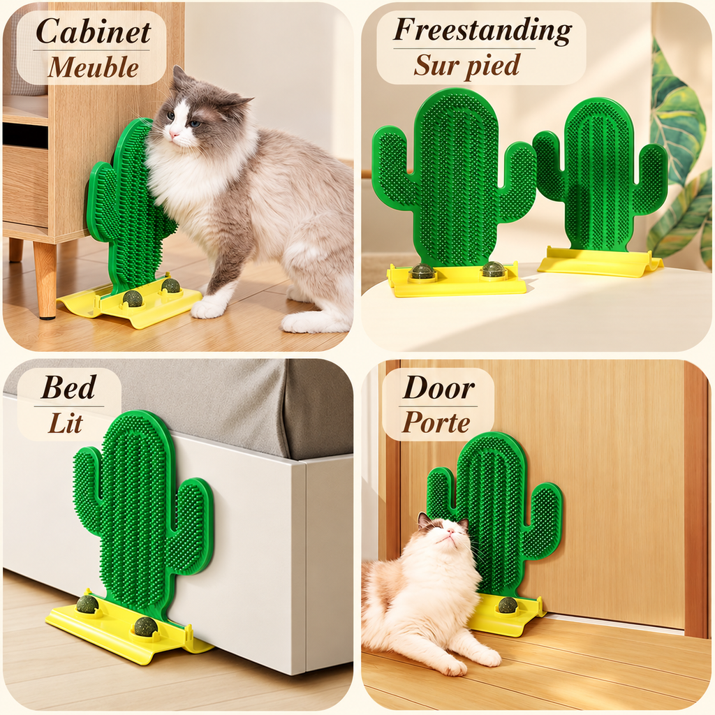 Collage showing the Brighty CactusCare beside a cabinet, bed and door, plus front and rear freestanding views of the green brush and yellow base.