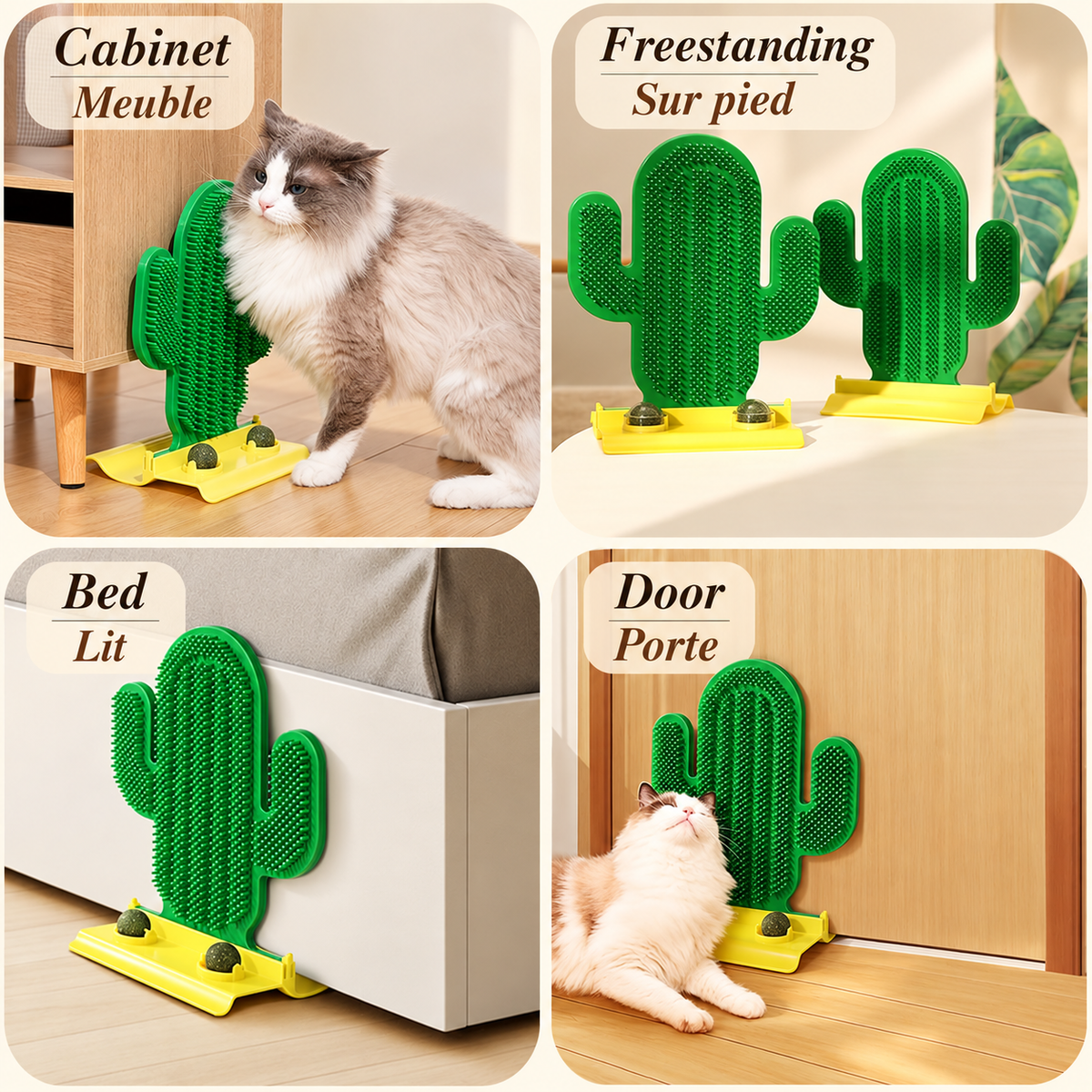 Collage showing the Brighty CactusCare beside a cabinet, bed and door, plus front and rear freestanding views of the green brush and yellow base.