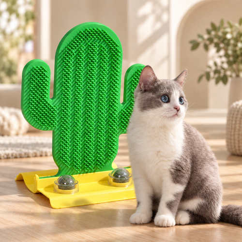 Grey-and-white cat sitting beside the green Brighty CactusCare, showing its cactus-shaped brush, yellow base and two catnip balls with clear covers.