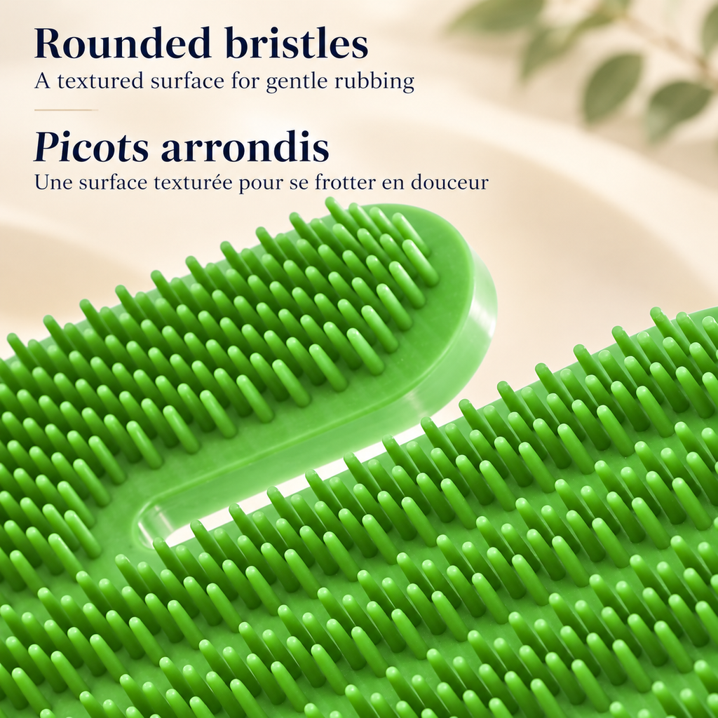 Close-up of the green Brighty CactusCare brush showing rows of rounded bristles across its cactus-shaped grooming surface.