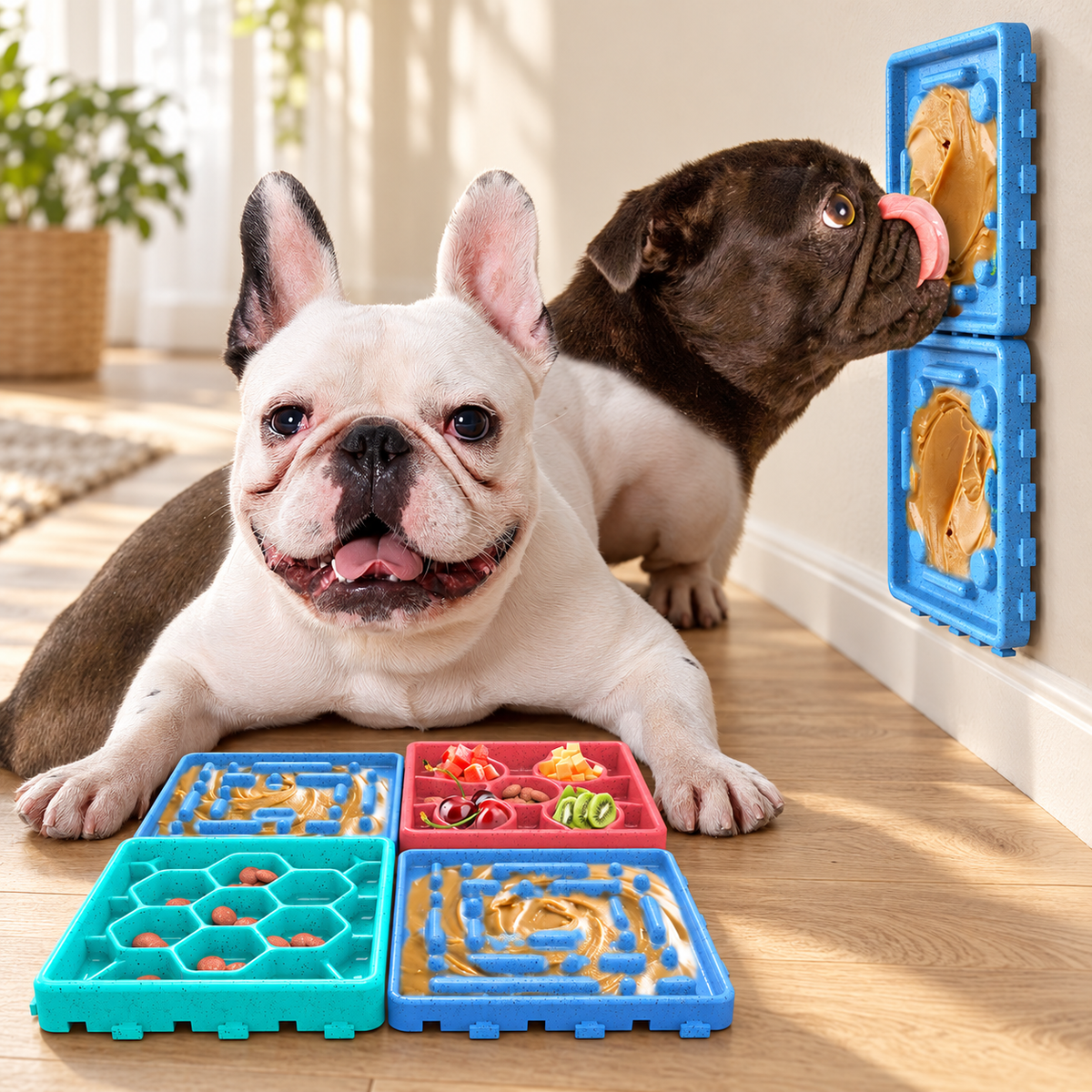 Two French bulldogs beside Brighty Calm tricolour blue lick mats, with treats on the floor mats and spread on two wall-mounted blue panels.