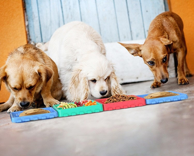 Three dogs enjoying spreads, kibble and chopped food from Brighty Calm blue, turquoise and pink panels connected in a row on the floor.