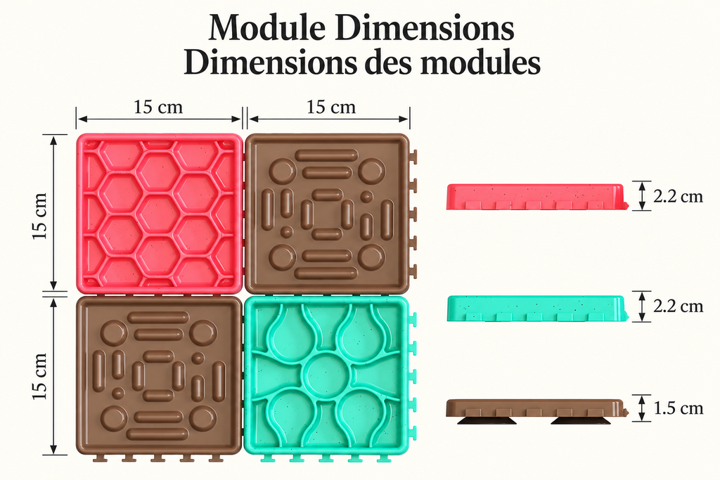 Brighty Calm module size diagram showing 15 × 15 cm panels, with heights of 2.2 cm for the pink and turquoise panels and 1.5 cm for the brown panels.