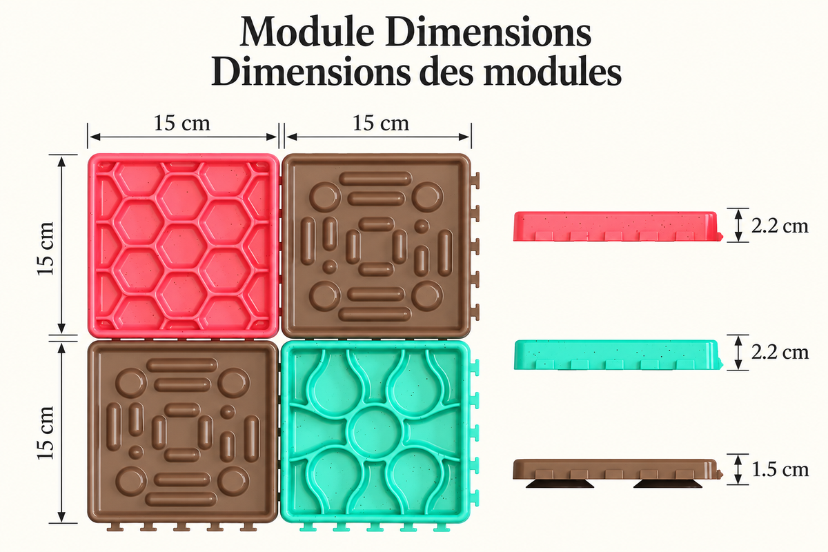 Brighty Calm module size diagram showing 15 × 15 cm panels, with heights of 2.2 cm for the pink and turquoise panels and 1.5 cm for the brown panels.