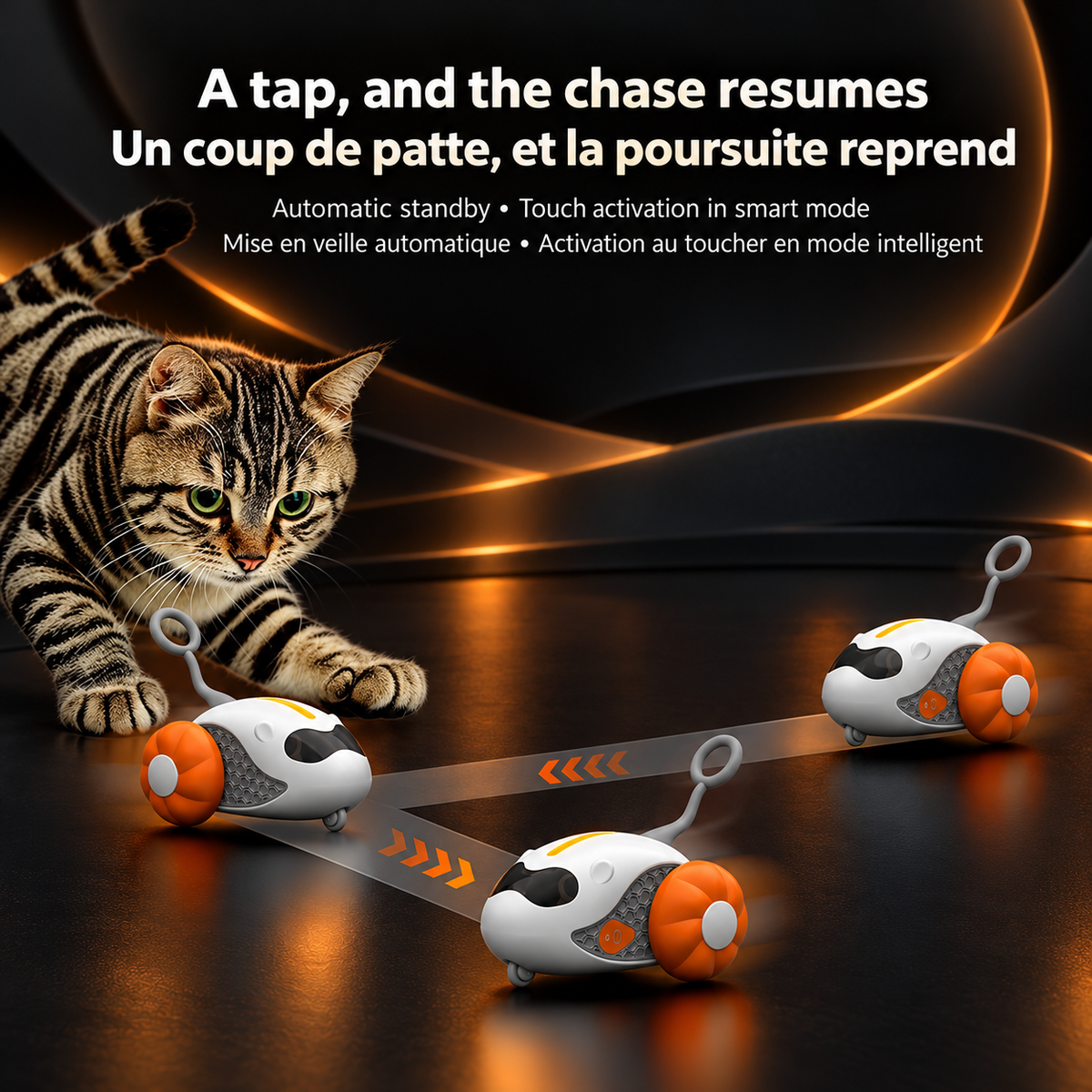 Tabby cat reaching toward the orange Brighty ChasePilot, with successive toy positions and directional arrows illustrating touch activation and resumed movement in smart mode.