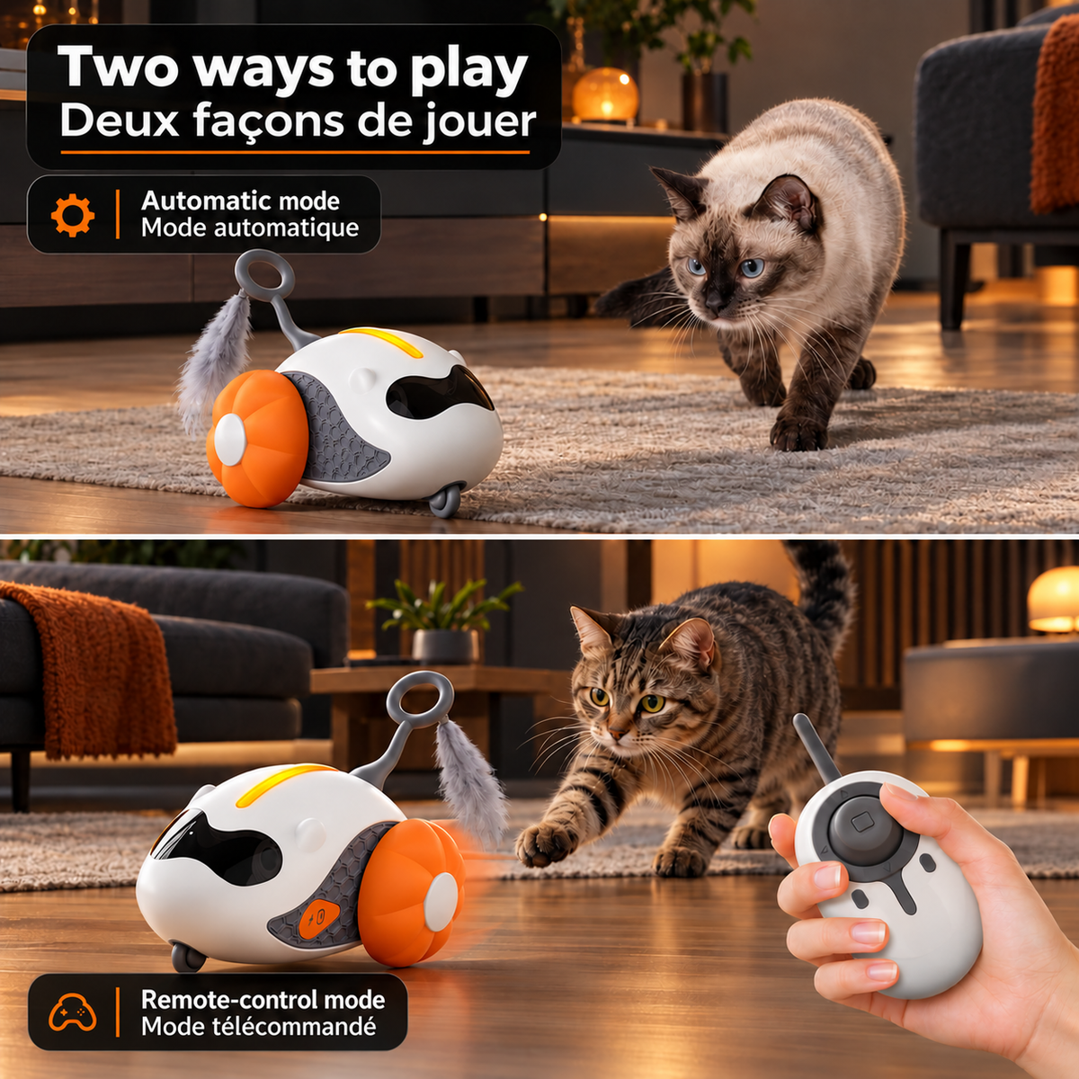 Two scenes showing cats following the orange Brighty ChasePilot with its feather attachment, illustrating automatic play and remote-controlled play with the owner.