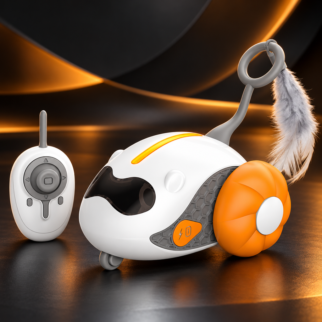 Orange Brighty ChasePilot with a white body, glowing top light and grey feather attachment, displayed beside its remote control against a black and gold background.