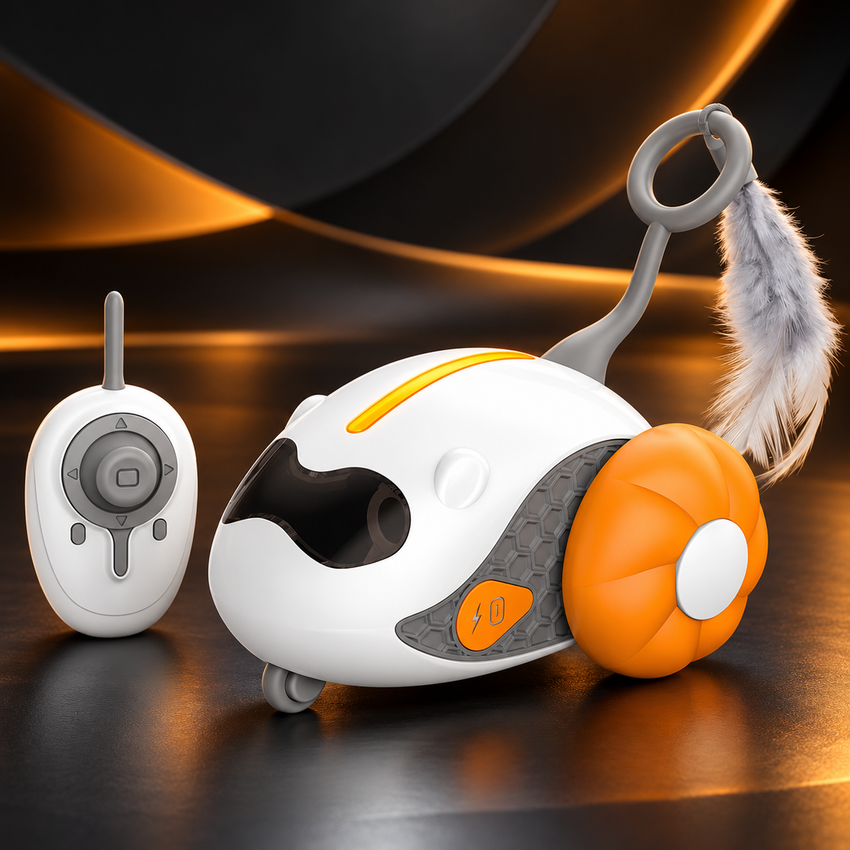 Orange Brighty ChasePilot with a white body, glowing top light and grey feather attachment, displayed beside its remote control against a black and gold background.