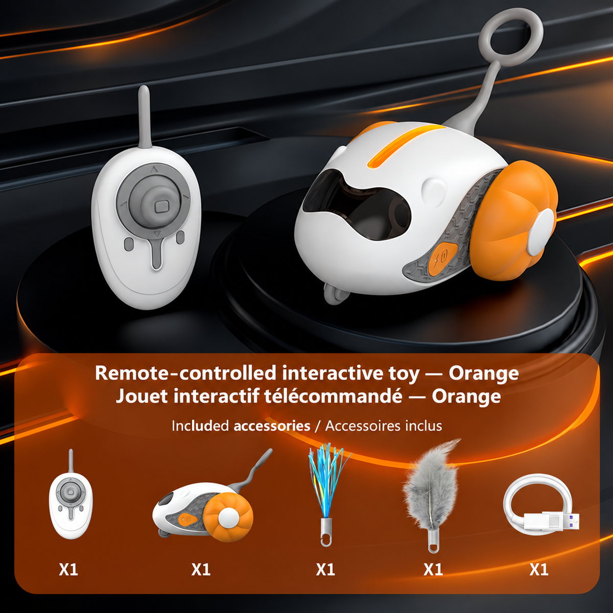 Orange Brighty ChasePilot with its remote control, alongside a contents display showing the toy, feather attachment, shiny teaser attachment and charging cable.