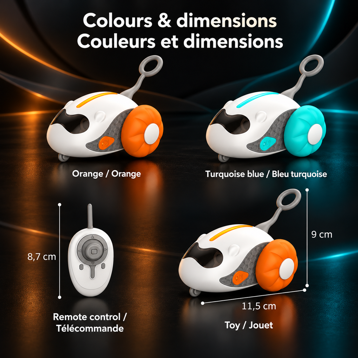 Orange and turquoise blue Brighty ChasePilot toys, with measurements showing an 11.5 cm toy length, 9 cm height including the rear stem and 8.7 cm remote control height.