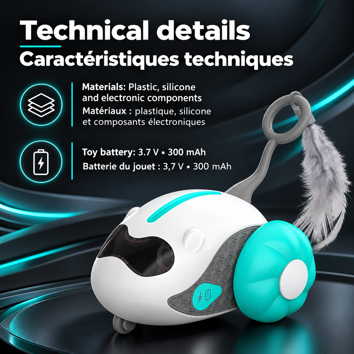 Turquoise blue Brighty ChasePilot with a feather attachment, showing its plastic, silicone and electronic components and a 3.7 V, 300 mAh rechargeable battery.