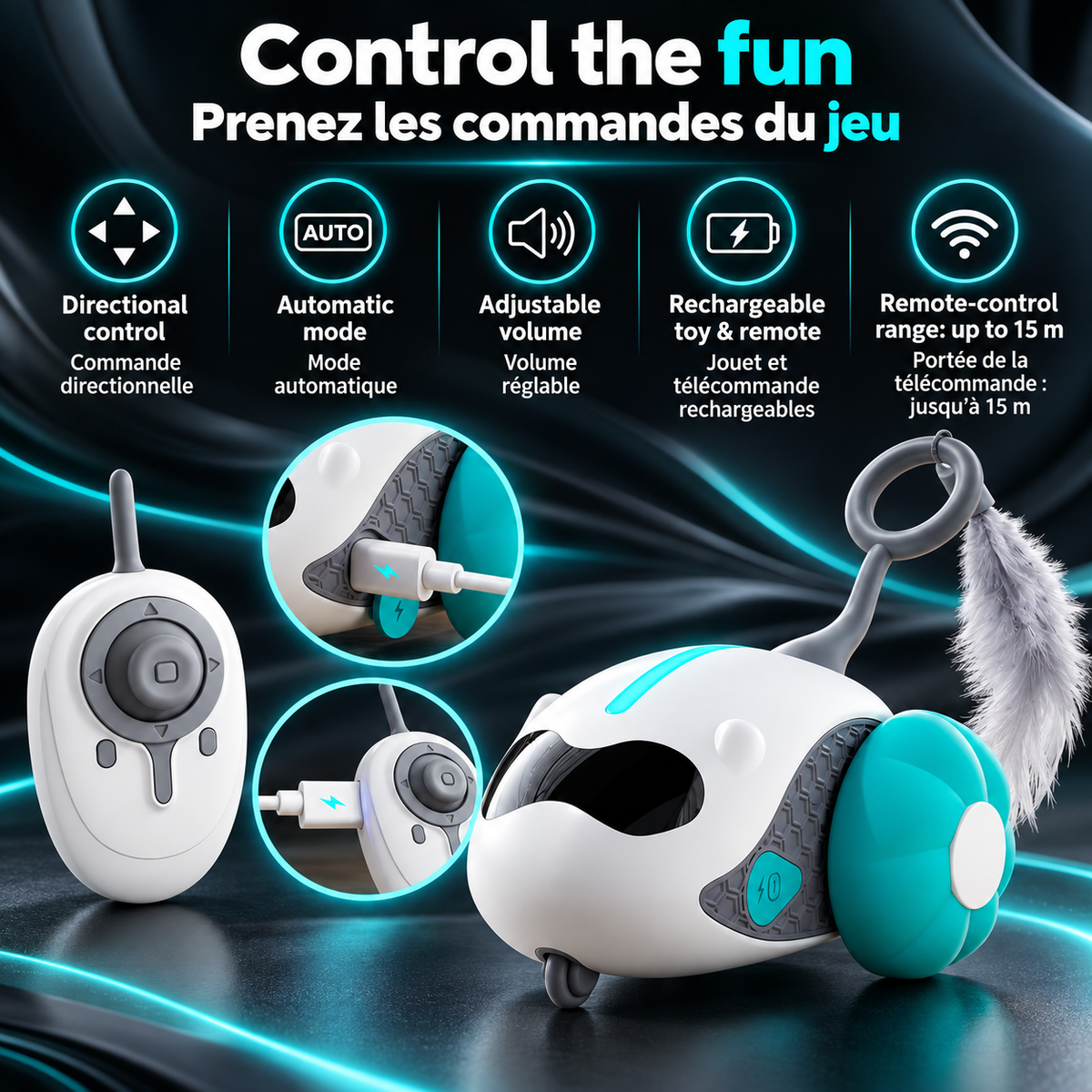 Turquoise blue Brighty ChasePilot with feather attachment and remote, highlighting directional control, automatic mode, adjustable volume, rechargeable components and a remote-control range of up to 15 m.