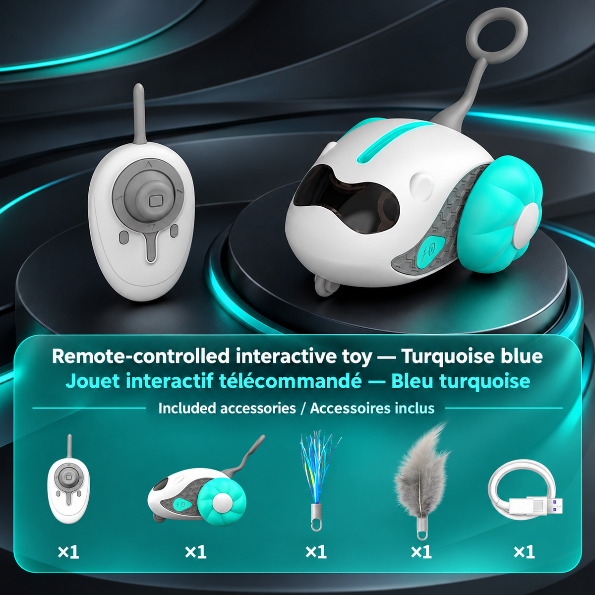 Turquoise blue Brighty ChasePilot with its remote control, alongside a contents display showing the toy, feather attachment, shiny teaser attachment and charging cable.