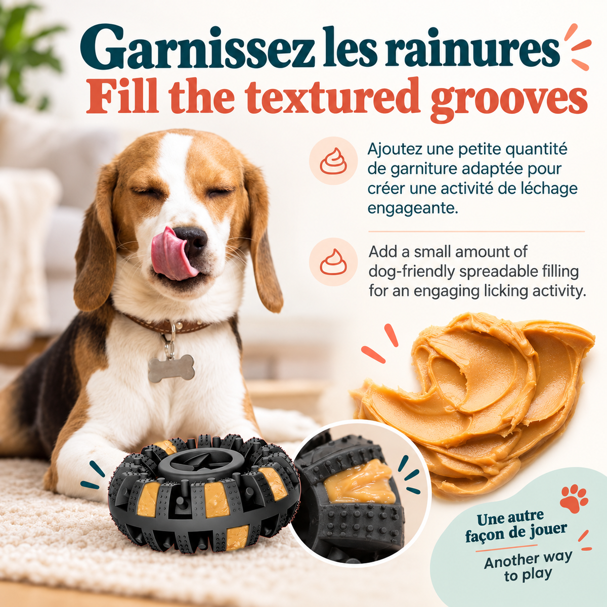 Beagle beside a black Brighty ChewWheel with a spreadable filling in its outer grooves, plus a close-up illustrating another way to offer a licking activity.