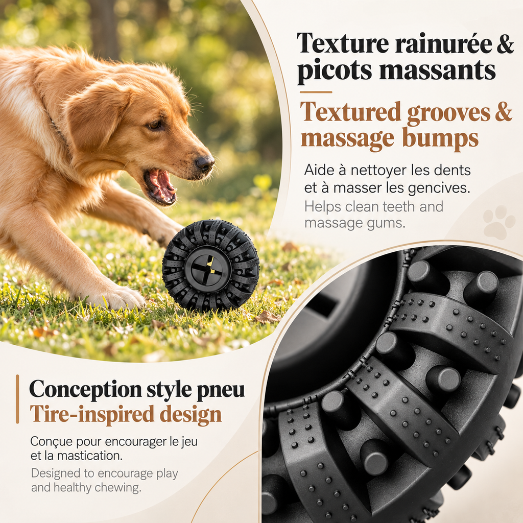 Golden retriever playing with a black Brighty ChewWheel on grass, with a close-up showing its tire-inspired shape, textured grooves and raised bumps.