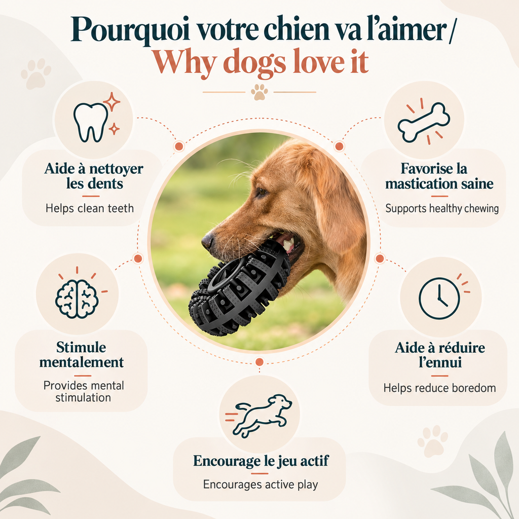 Golden retriever holding a black Brighty ChewWheel, surrounded by bilingual icons highlighting chewing, dental care, mental stimulation and active play.
