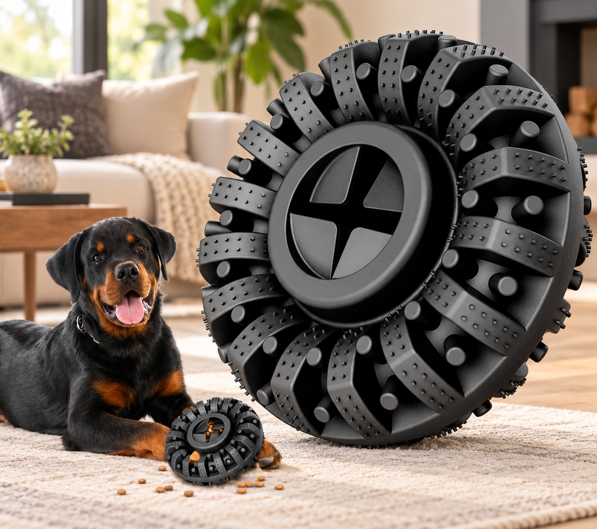 Rottweiler beside a black Brighty ChewWheel containing kibble, with an enlarged product view highlighting its textured ridges and cross-shaped opening.