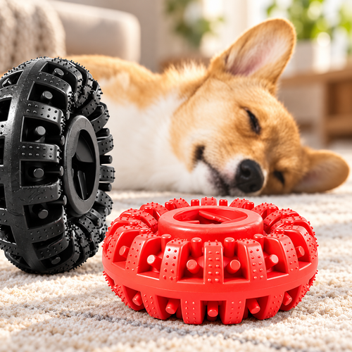 Black and red Brighty ChewWheel dog toys displayed on a rug beside a resting corgi, showing their textured surfaces and central treat openings.