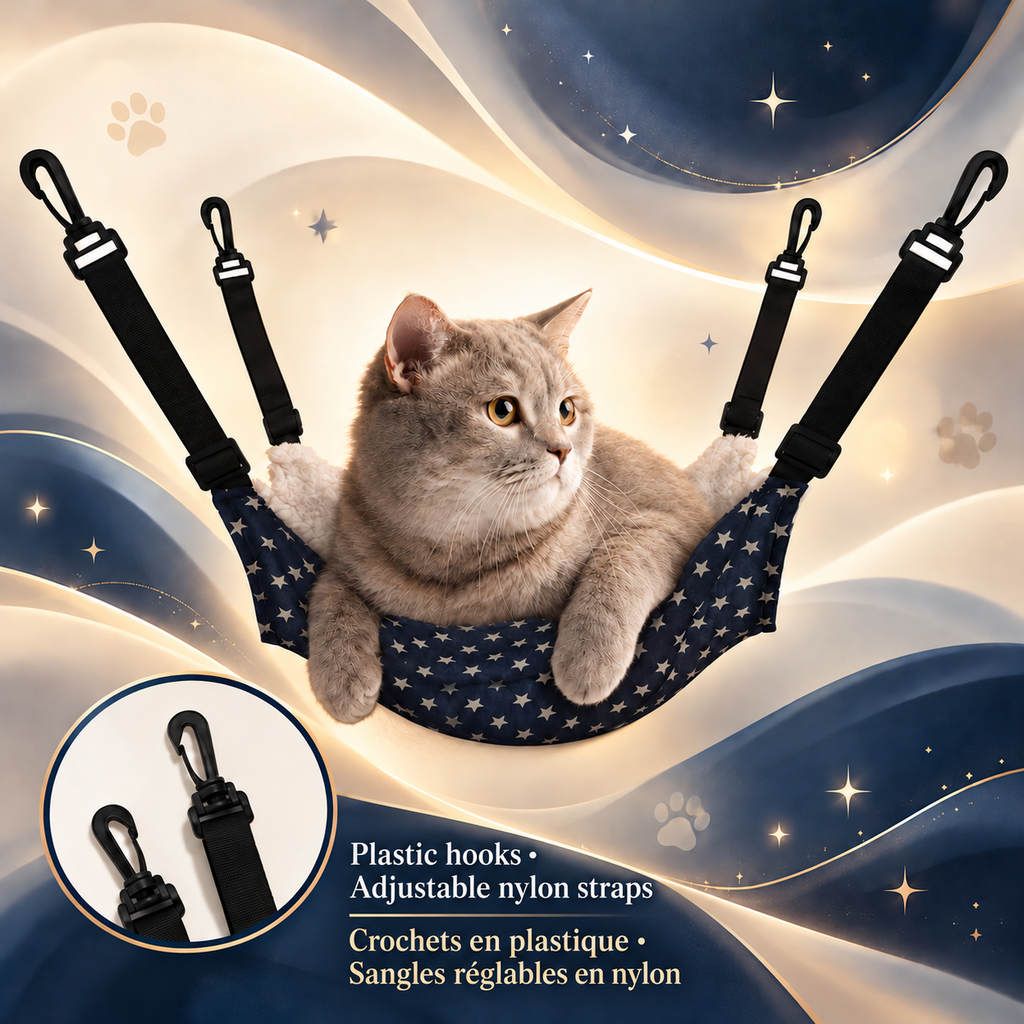 Grey cat lounging in a Brighty CloudNap Navy Stars hammock, with a close-up of the plastic hooks and adjustable black nylon straps.