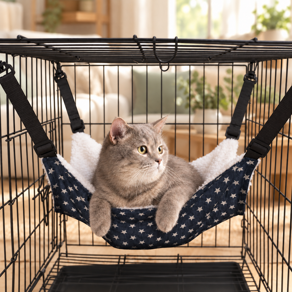 Grey cat resting in a Brighty CloudNap Navy Stars hammock suspended inside a wire crate, with the soft white flannel side facing up.