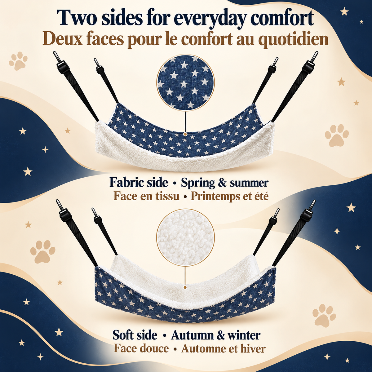 Brighty CloudNap Navy Stars hammock shown with its patterned fabric side facing up and then its soft white flannel side facing up, with close-ups of both textures.
