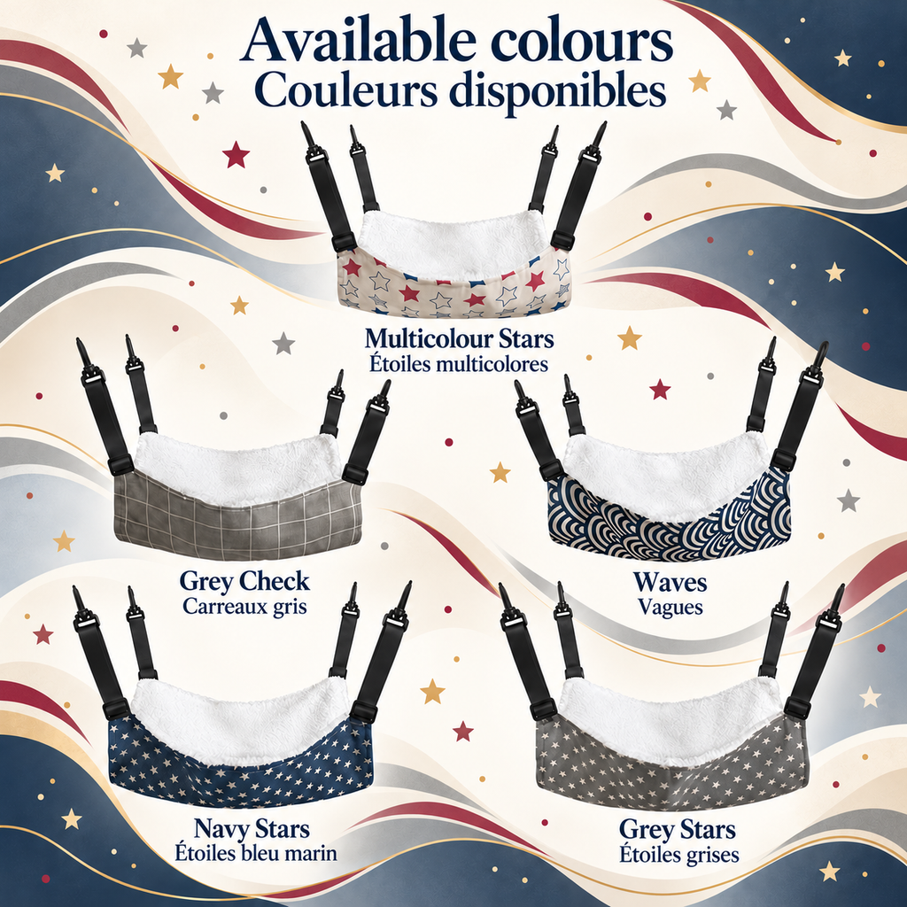 Brighty CloudNap hammock in Multicolour Stars, Grey Check, Waves, Navy Stars and Grey Stars, each shown with white flannel and four black hanging straps.