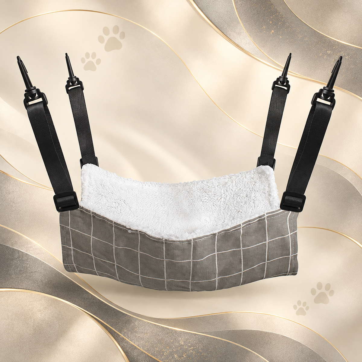 Brighty CloudNap pet hammock with a white check pattern on grey fabric, a soft white flannel surface and four adjustable black straps with plastic hooks.