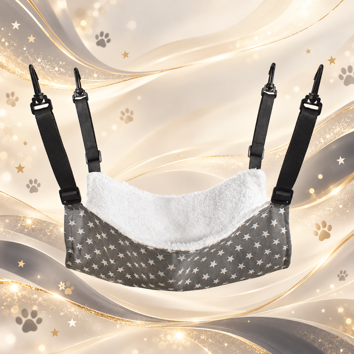 Brighty CloudNap pet hammock featuring white stars on grey fabric, a soft white flannel surface and four adjustable black straps with plastic hooks.