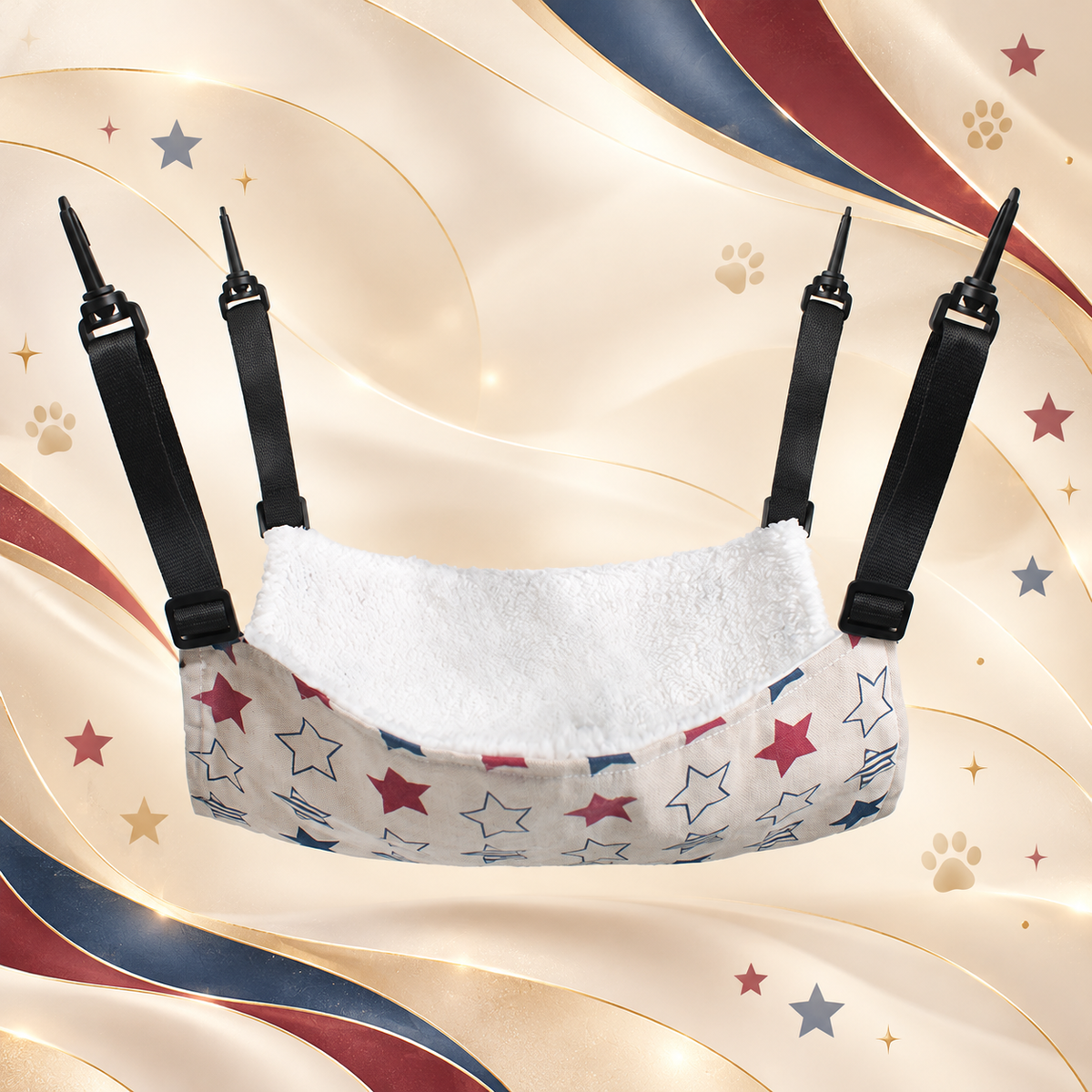 Brighty CloudNap pet hammock with multicoloured stars on white fabric, a soft white flannel surface and four adjustable black straps with plastic hooks.