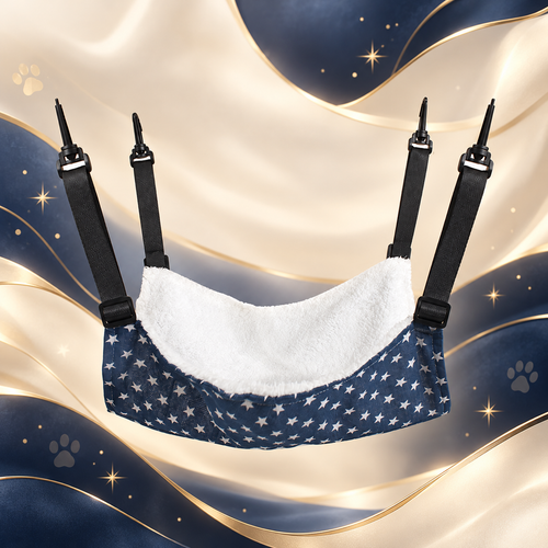 Brighty CloudNap pet hammock featuring white stars on navy blue fabric, a soft white flannel surface and four adjustable black straps with plastic hooks.