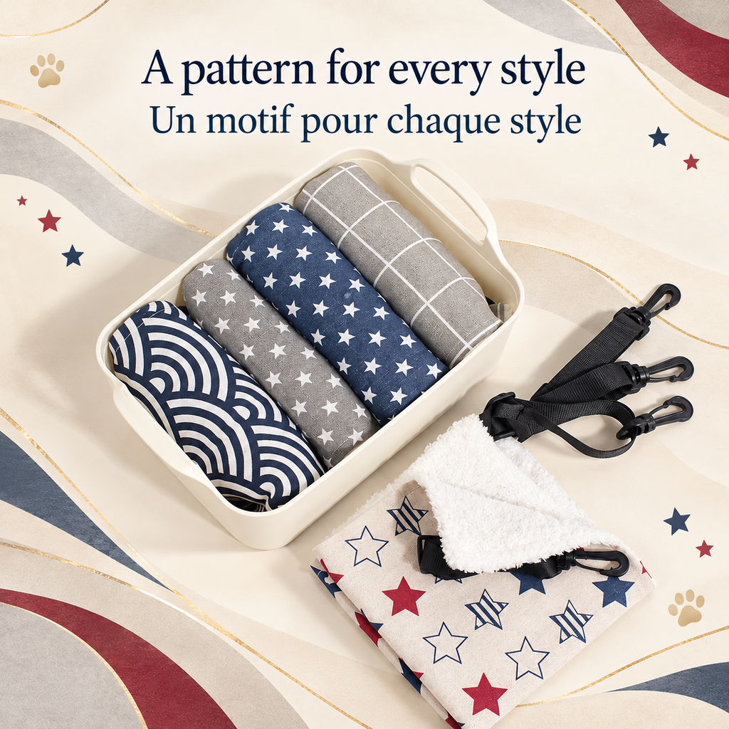 Five Brighty CloudNap patterns displayed folded: Waves, Grey Stars, Navy Stars, Grey Check and Multicolour Stars, with white flannel and black hanging straps visible.