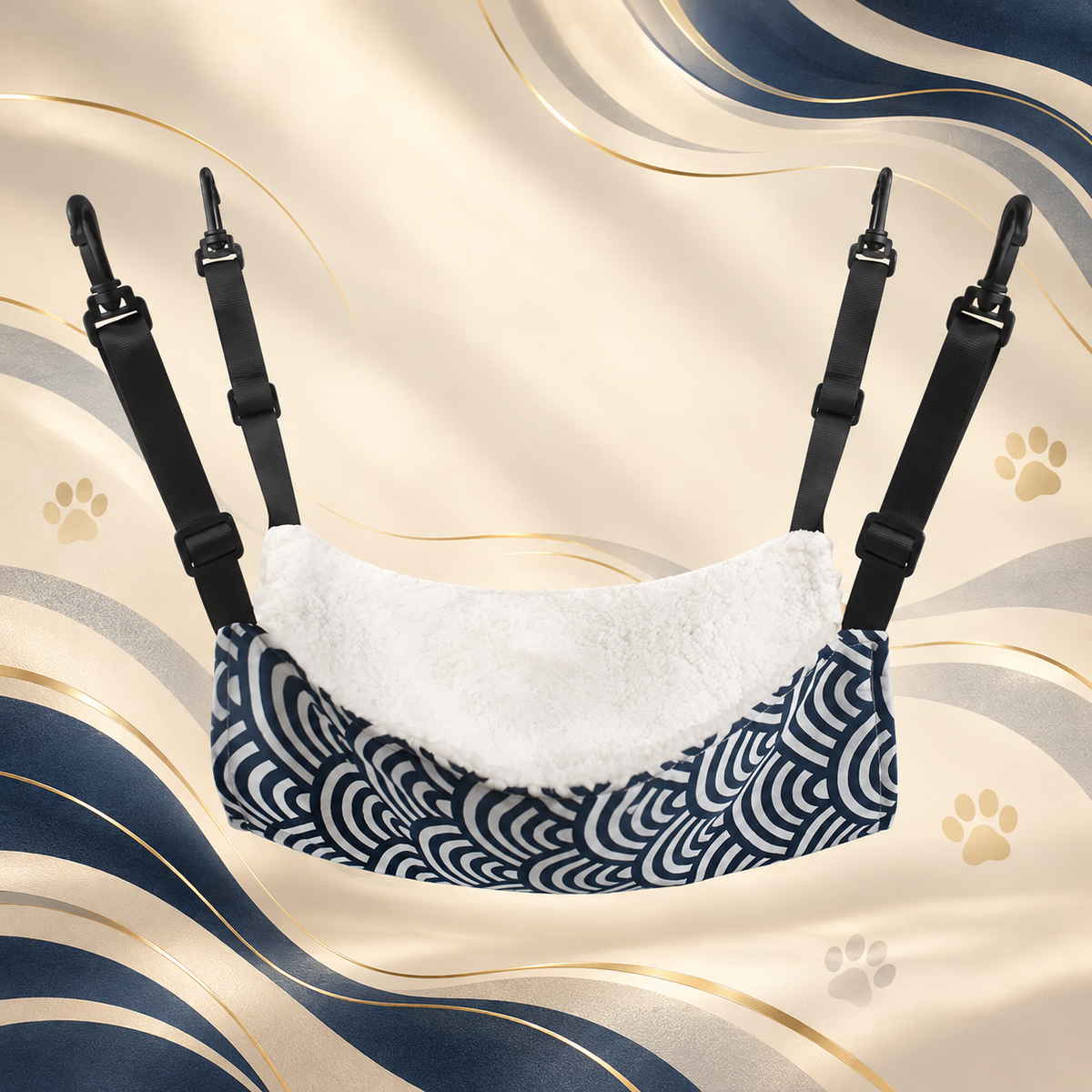 Brighty CloudNap pet hammock with a navy blue and white wave pattern, a soft white flannel surface and four adjustable black straps with plastic hooks.