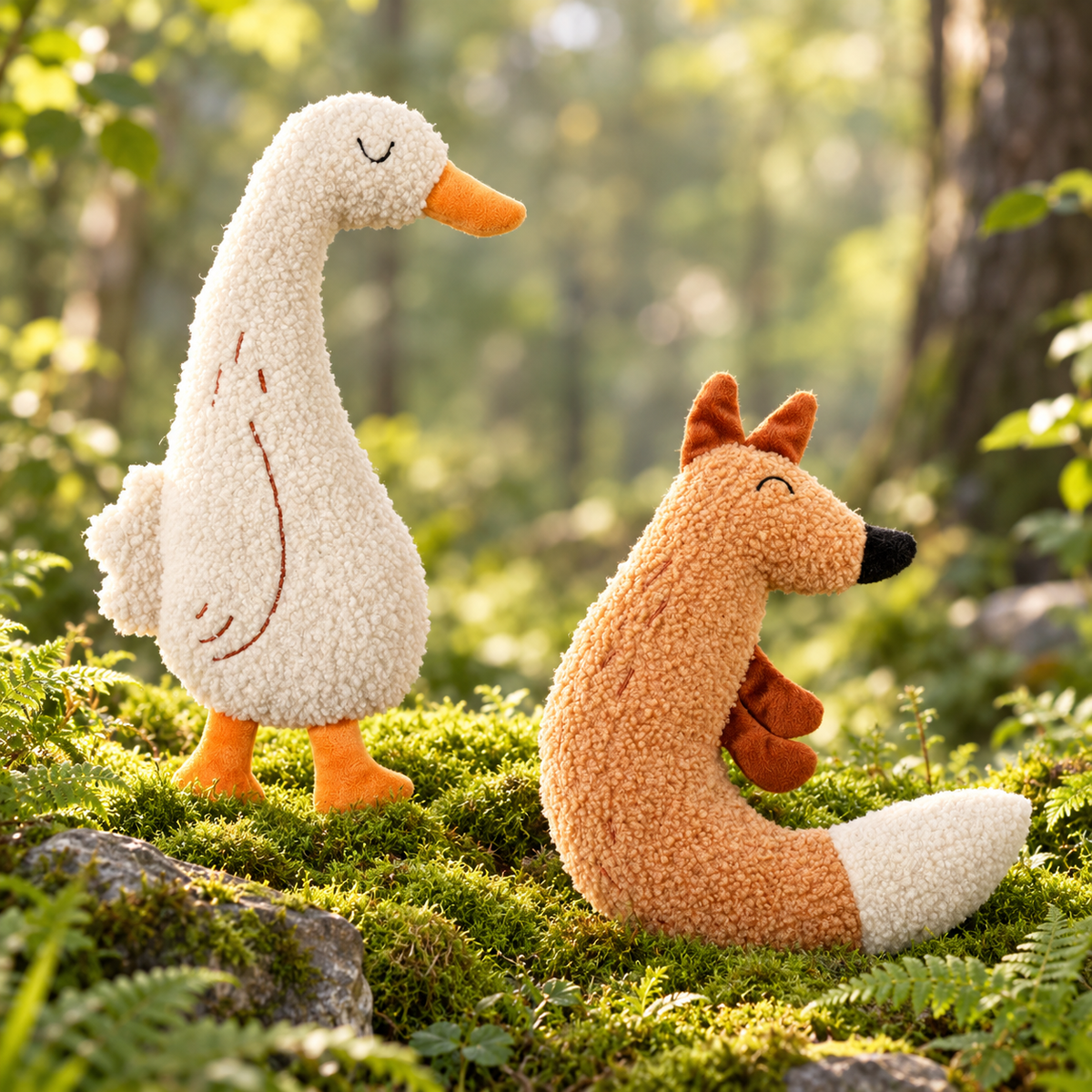 Fox and duck Brighty CuddleKick plush cat toys displayed on moss in a sunlit woodland setting, showing their boucle texture and embroidered details.