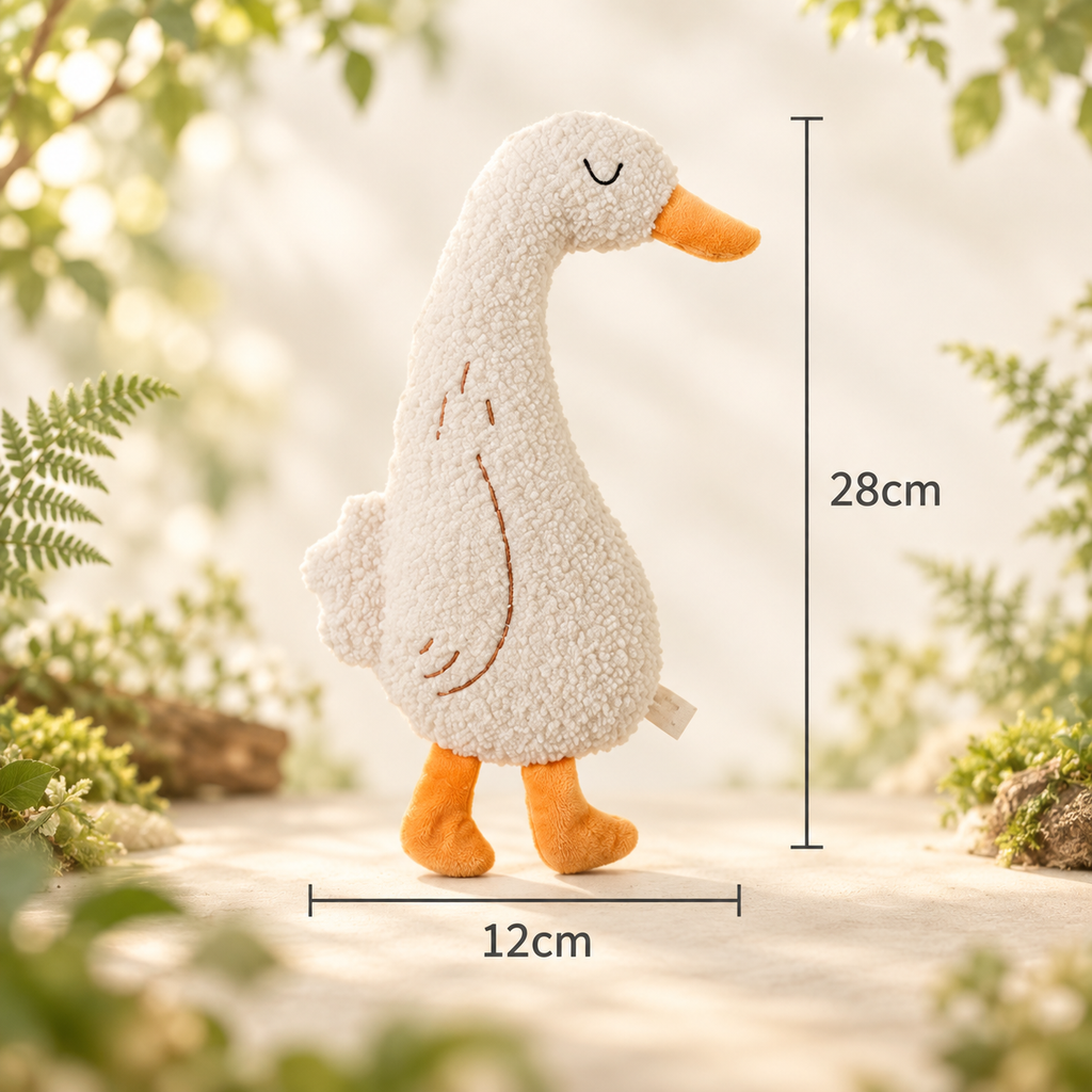 Light-coloured Brighty CuddleKick duck with an orange beak and feet, showing dimensions of 28 cm high by 12 cm wide.
