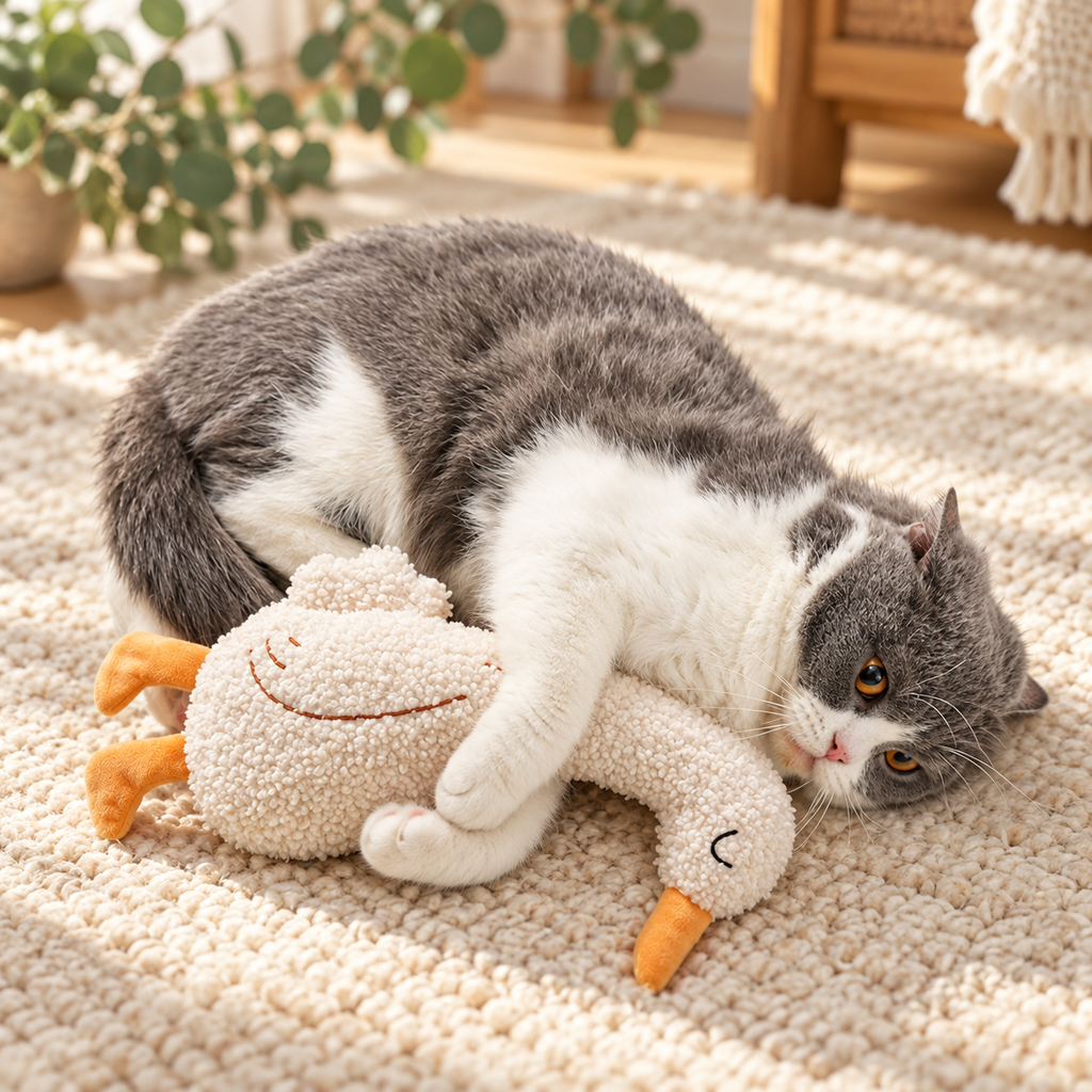 Grey-and-white cat lying on a cream rug and holding a Brighty CuddleKick duck between its paws, showing the toy’s textured body and orange details.