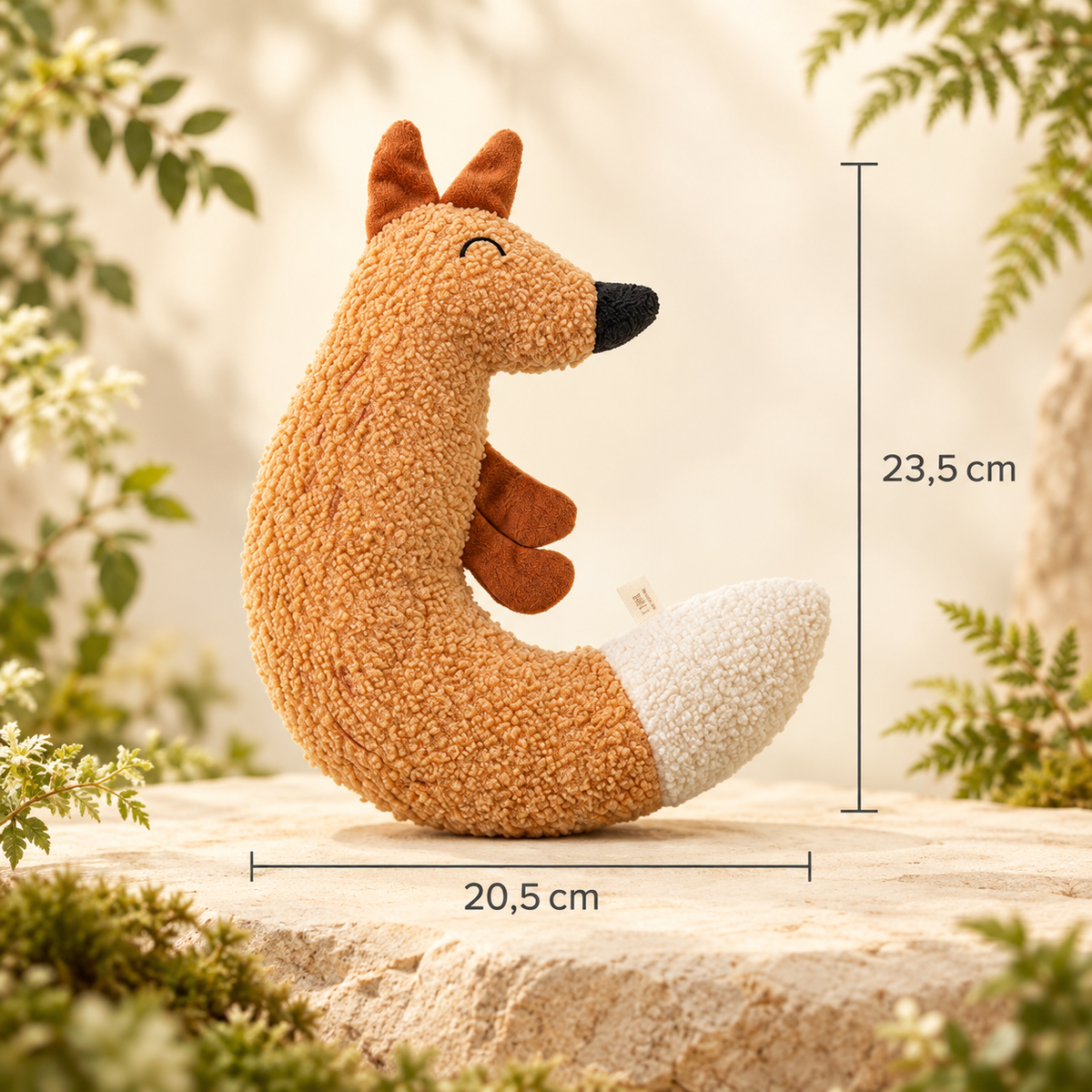Brown Brighty CuddleKick fox with a cream-coloured tail and black nose, showing dimensions of 23.5 cm high by 20.5 cm wide.