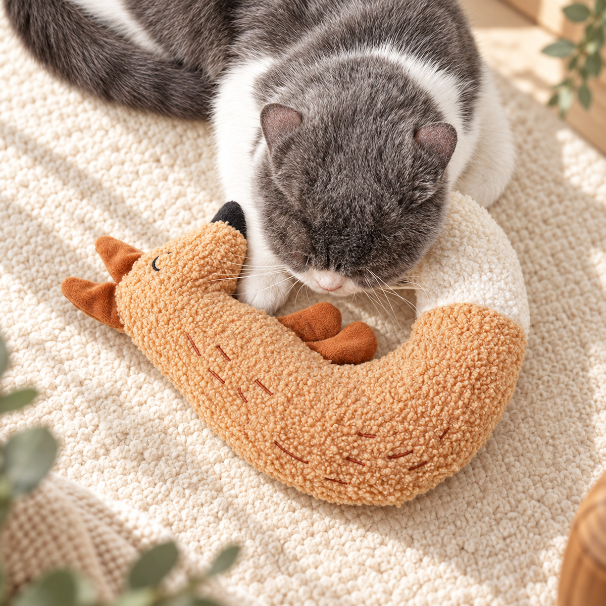 Grey-and-white cat exploring a brown Brighty CuddleKick fox on a cream rug, with a close-up of its boucle texture and embroidered details.