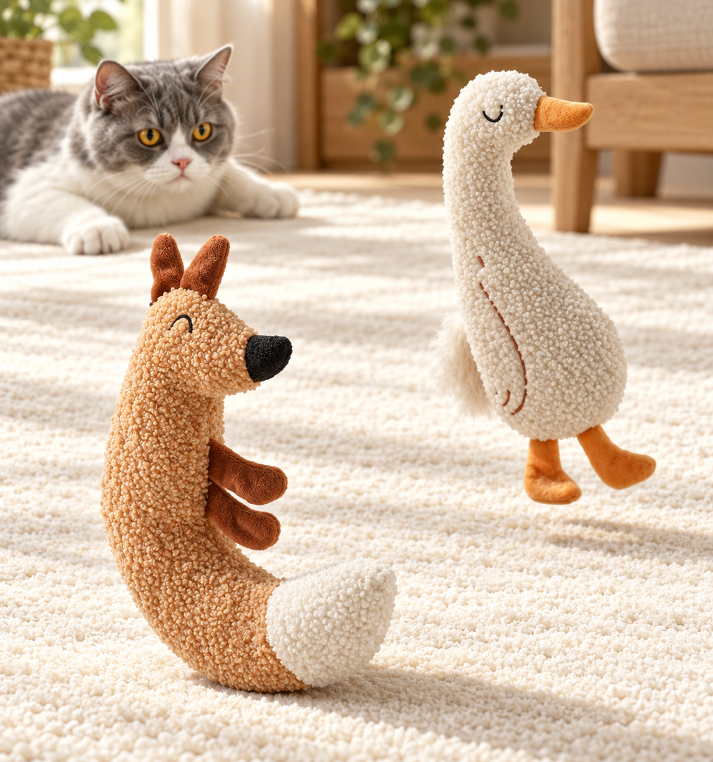 Fox and duck Brighty CuddleKick plush toys displayed on a cream rug, with a grey-and-white cat watching from the background.