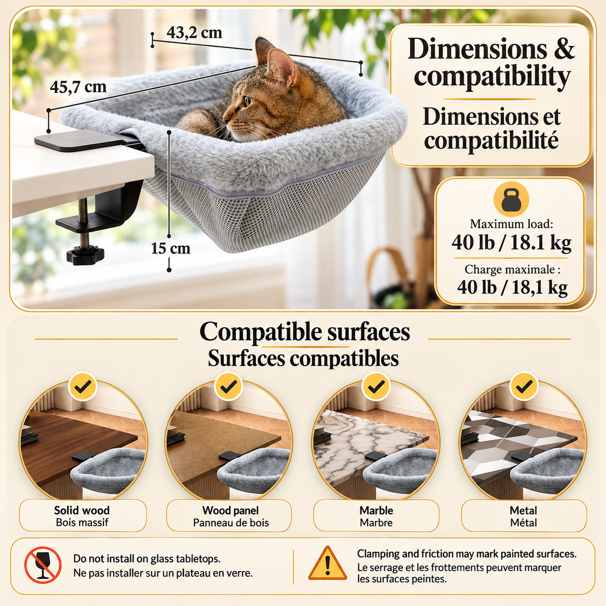 Brighty DeskNest measuring 45.7 × 43.2 × 15 cm, with a stated maximum load of 40 lb, compatible surface examples and a warning against glass tabletops.