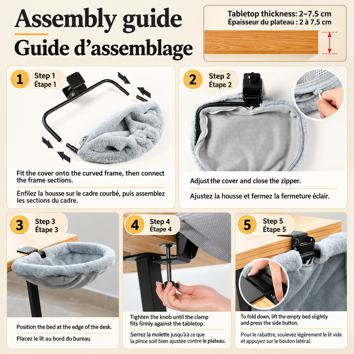 Five-step guide showing how to assemble the frame, zip up the cover, secure the desk clamp and fold the empty bed down. Fits tabletops 2–7.5 cm thick.