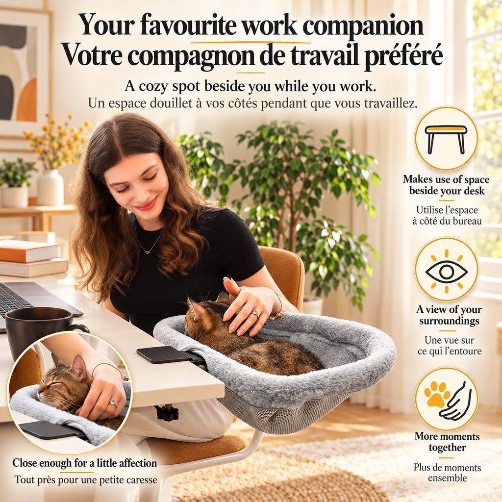 Person petting a tabby cat resting in a grey plush Brighty DeskNest beside a desk, with an inset showing the cat enjoying a gentle scratch.