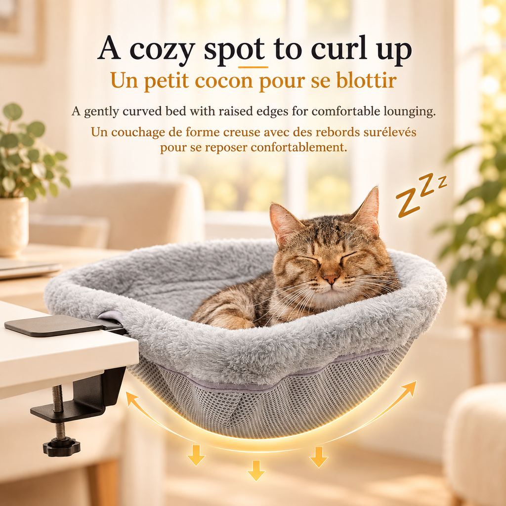 Tabby cat sleeping in a grey plush Brighty DeskNest attached to a white desk, showing the curved sleeping surface, raised edges and adjustable clamp.