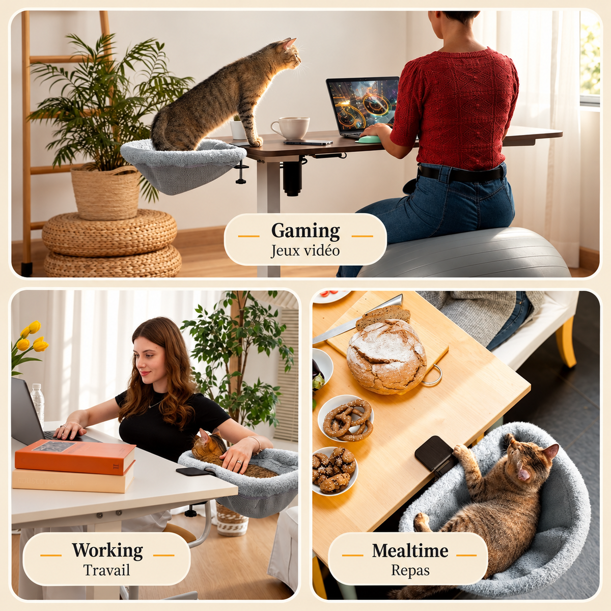 Three scenes showing a cat in a grey plush Brighty DeskNest attached beside a desk or table during gaming, working and mealtime.