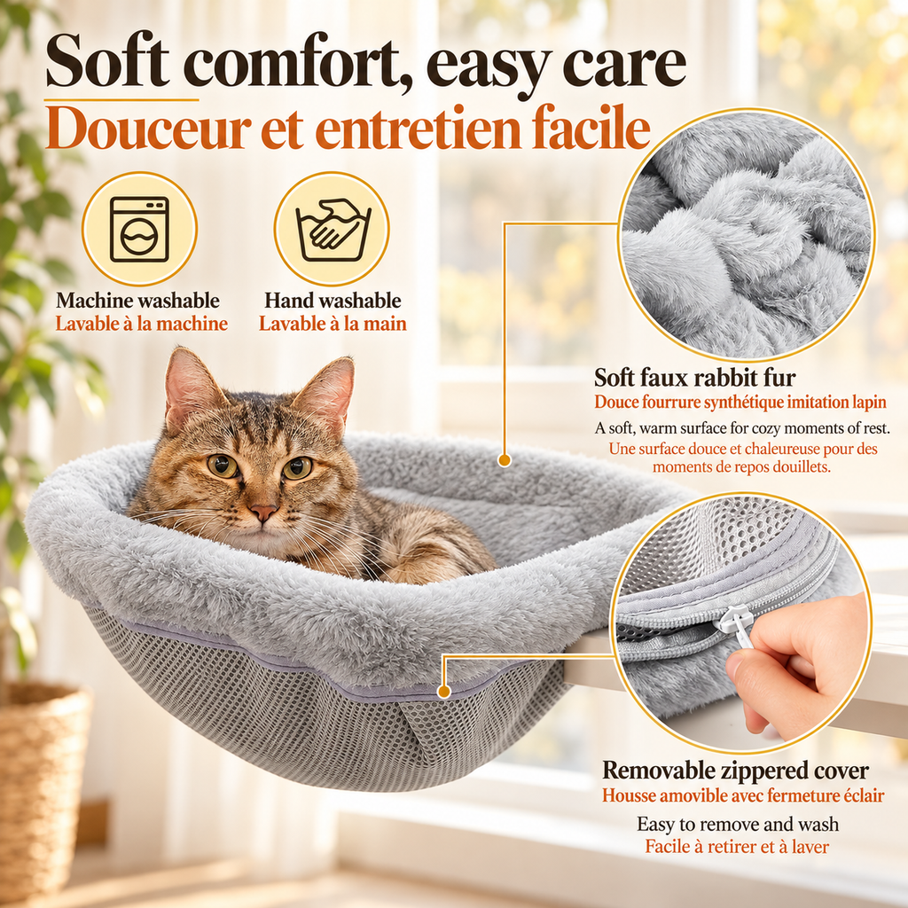 Tabby cat resting in a grey plush Brighty DeskNest, with close-ups of the faux rabbit fur fabric and removable zippered cover, plus hand and machine washing icons.