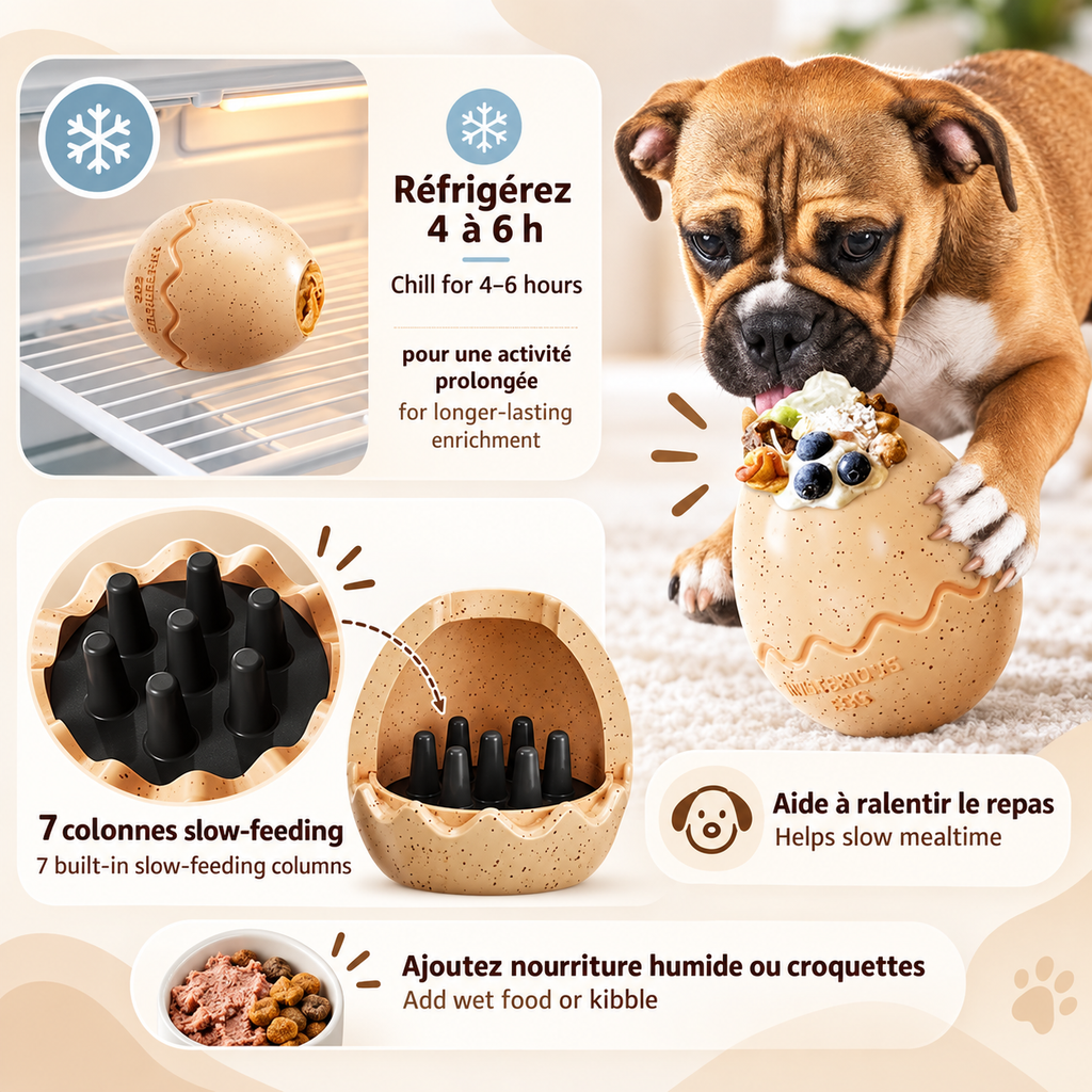 Bulldog licking a filled beige Brighty DinoEgg, with illustrations of its seven internal columns, food options and chilling instructions.