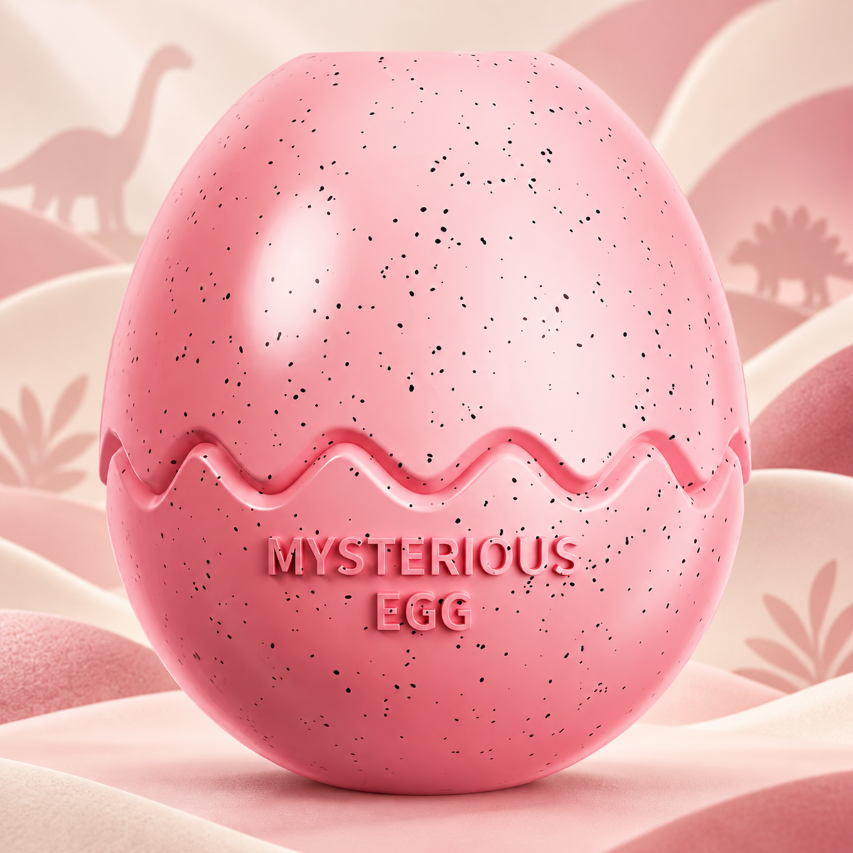Pink Brighty DinoEgg with a black-speckled finish and cracked-egg detail, displayed against a soft pink dinosaur-themed background.